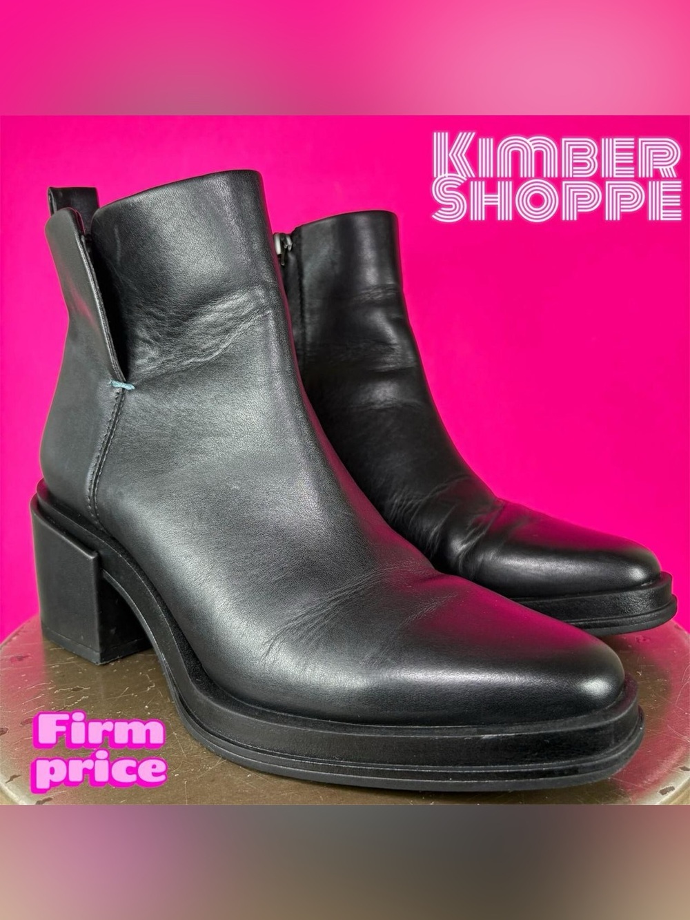 Franco Sarto Dalden Black Leather Block Heel Ankle Boot US 7.5 UK 5 EU 38